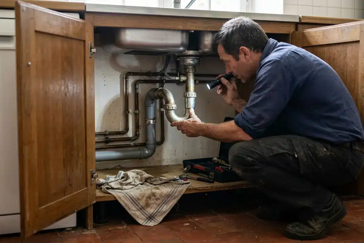 Un plombier examine le siphon sous un évier pour repérer l’origine d’une odeur d’œuf pourri.