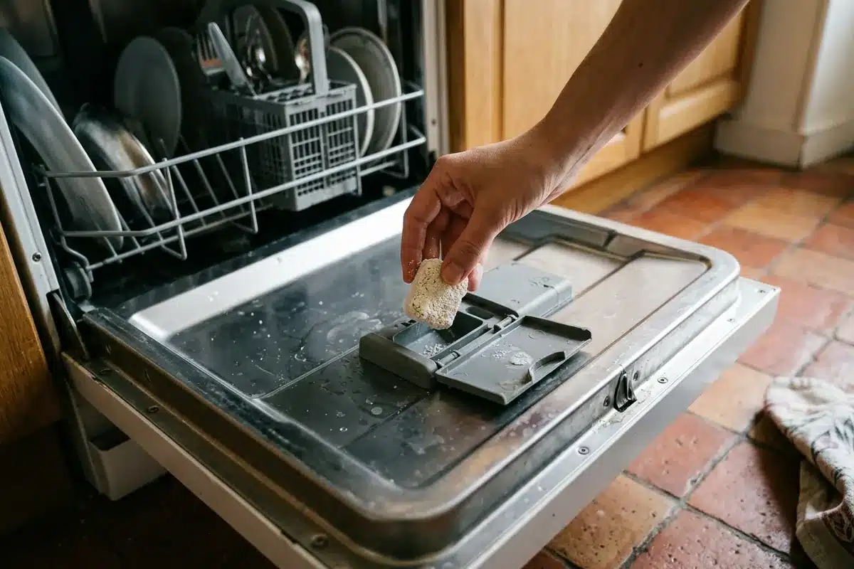 Une pastille maison placée dans le compartiment à détergent du lave-vaisselle.