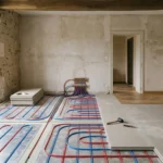 Plancher chauffant sec en rénovation, avec tuyaux, panneaux de répartition et sol partiellement recouvert