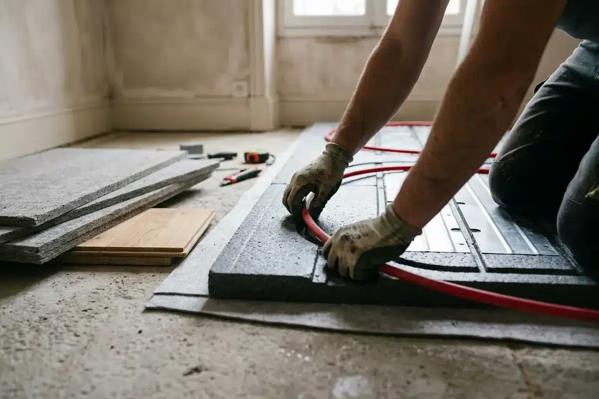 Pose des tuyaux dans les panneaux isolants d’un plancher chauffant sec, avant la couche de répartition