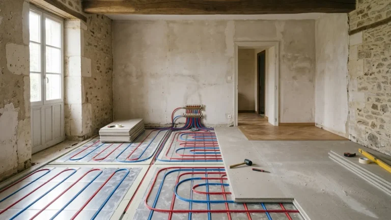 Plancher chauffant sec en rénovation, avec tuyaux, panneaux de répartition et sol partiellement recouvert