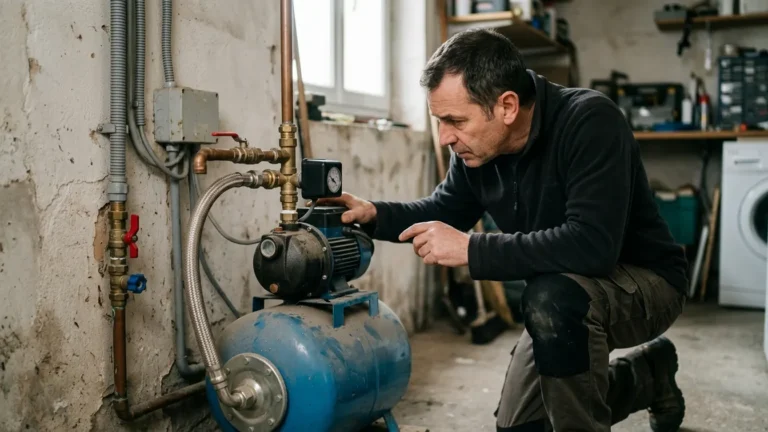 Un propriétaire vérifie le pressostat et le manomètre d’un surpresseur qui ne démarre plus automatiquement.
