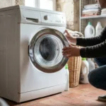 Vérification du hublot d’un lave-linge Fagor Innovation Class AA avant le lancement d’un cycle