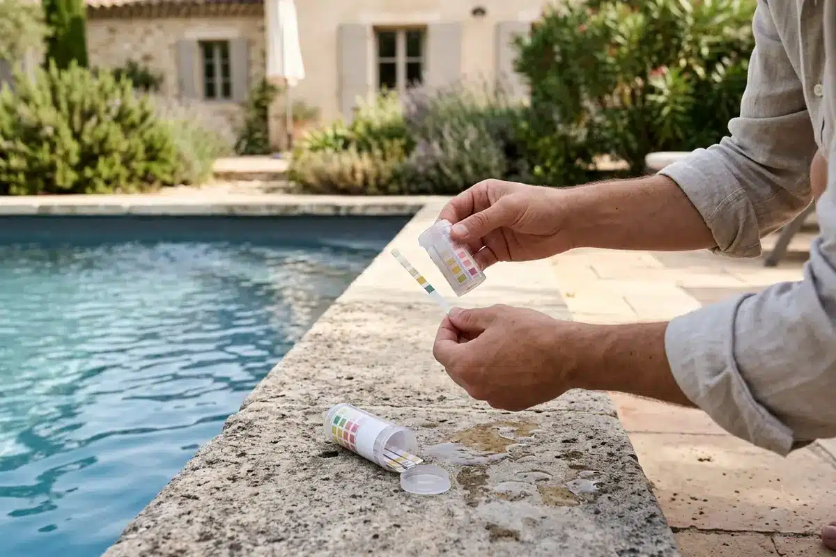 Une personne teste l’eau de sa piscine pour vérifier le TAC avant d’agir sur le pH.