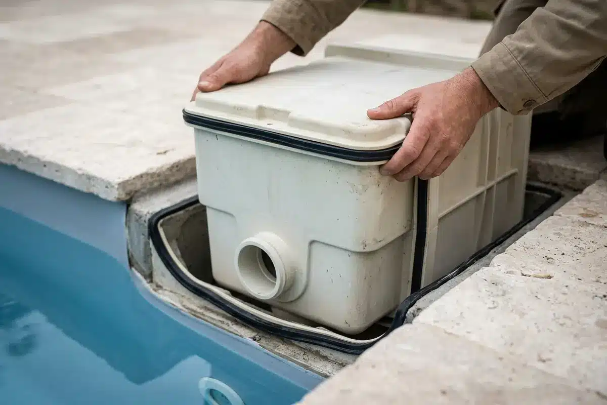 Mains positionnant un bloc filtration Desjoyaux F15 dans son logement en bord de piscine, joint périphérique visible