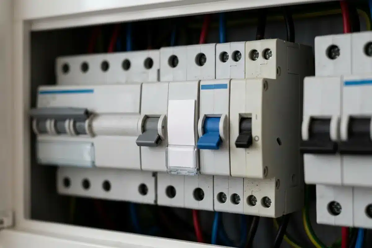 Tableau électrique Schneider ouvert avec le disjoncteur du chauffe-eau, son petit disjoncteur de commande et le contacteur vo