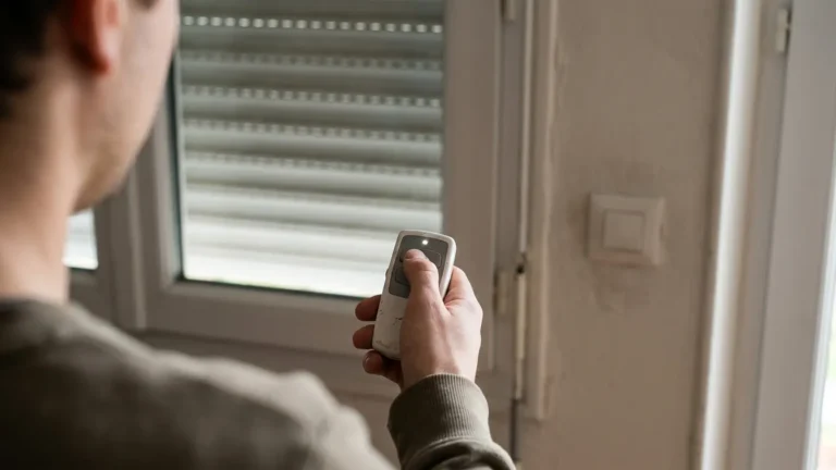 Une personne teste une télécommande Franciaflex devant un volet roulant fermé.