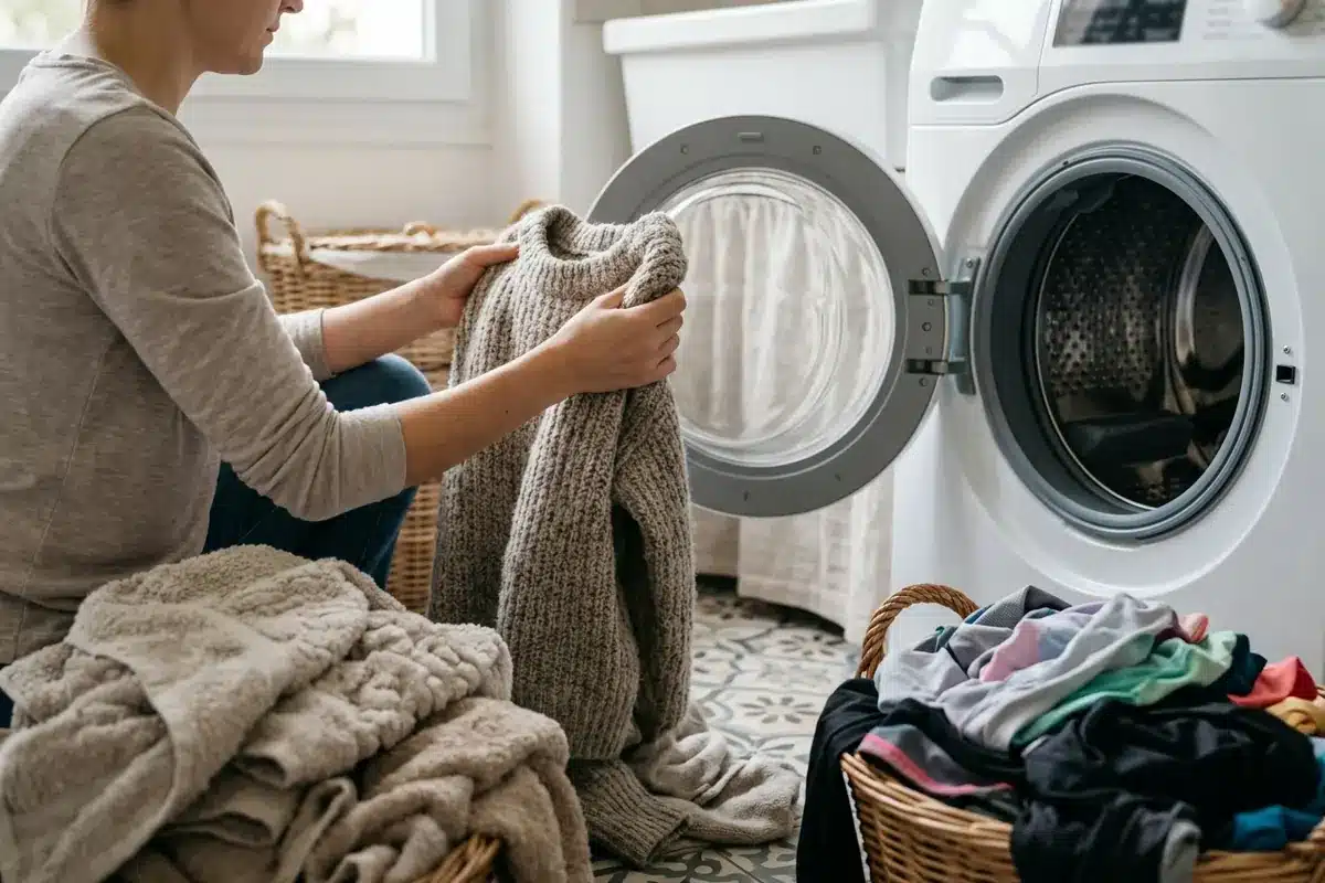 Un pull en laine séparé des serviettes et vêtements synthétiques avant le lavage