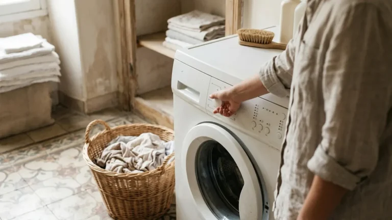 Une personne choisit un cycle sur un lave-linge Valberg dans une buanderie