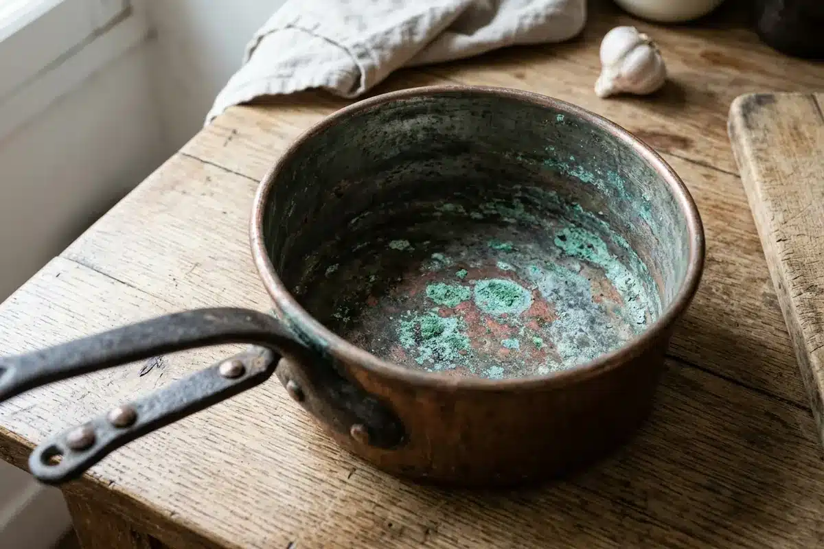 Un dépôt de vert-de-gris apparaît à l’intérieur d’une casserole en cuivre, côté aliments.