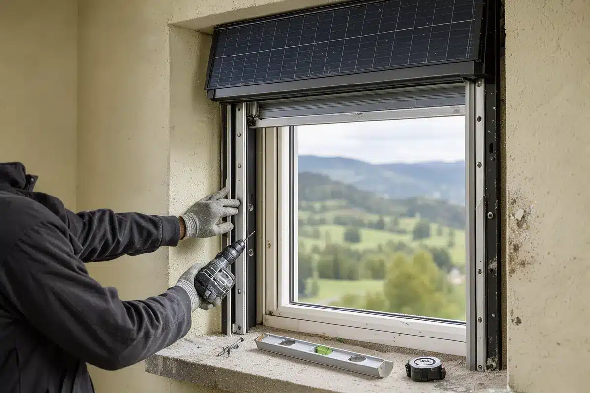 Un installateur fixe les coulisses d’un volet roulant solaire sur une façade vosgienne