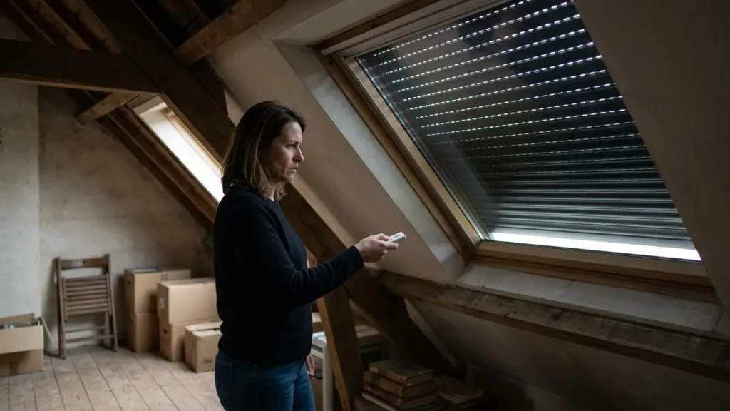 Un volet roulant Velux bloqué fermé, tandis qu’un occupant tente de le commander avec sa télécommande.