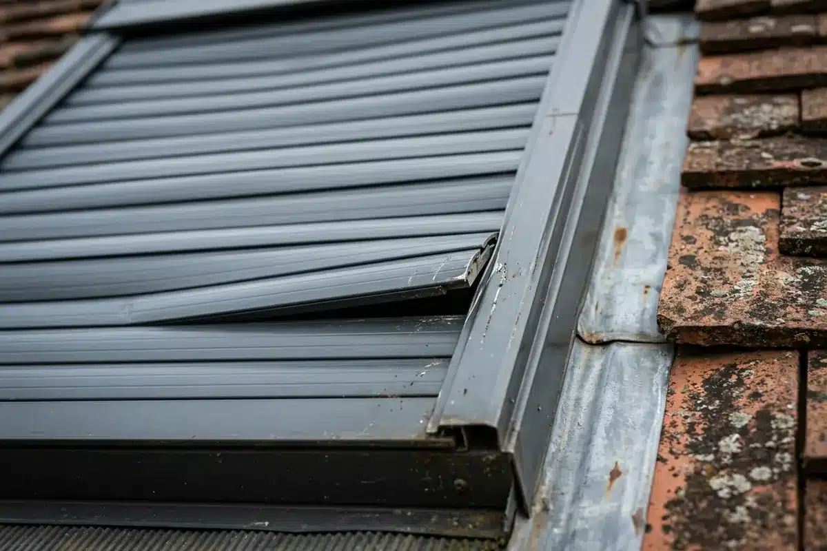 Une lame de volet Velux de travers dans sa coulisse, signe possible d’un blocage mécanique.